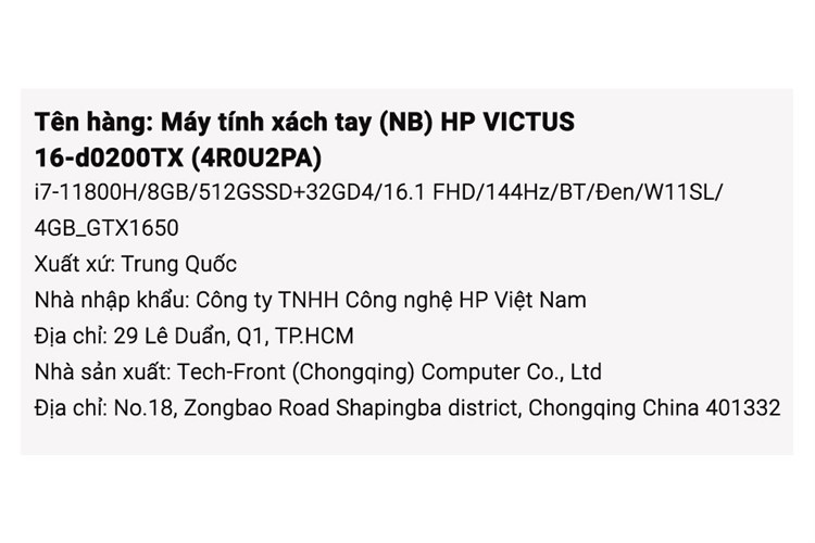 Laptop HP Gaming VICTUS 16 d0200TX i7 11800H/8GB/32GB+512GB/4GB GTX1650/144Hz/Win11 (4R0U2PA) Màu Đen