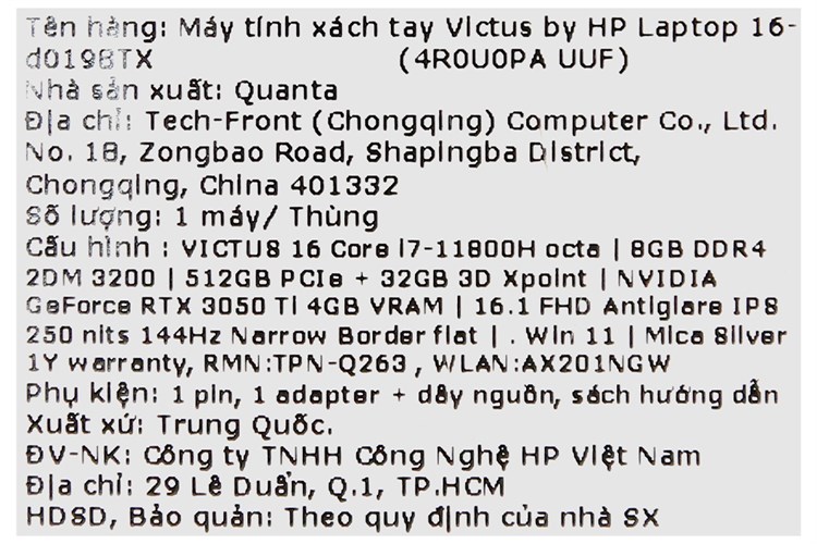 Laptop HP Gaming VICTUS 16 d0198TX i7 11800H/8GB/32GB+512GB/4GB RTX3050Ti/Win11 (4R0U0PA) Màu Đen