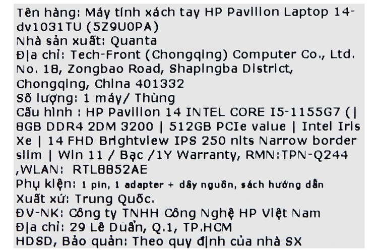 Laptop HP Pavilion 14 dv1031TU i5 1155G7/8GB/512GB/Win11 (5Z9U0PA) Màu Bạc