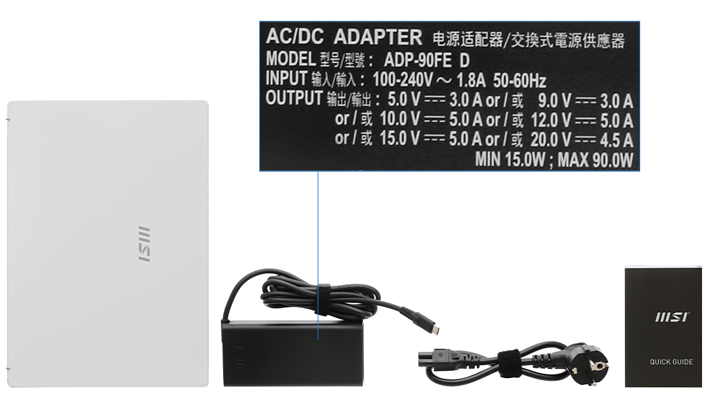 Bộ sản phẩm gồm: Dây nguồn, Sách hướng dẫn, Thùng máy, Sạc Laptop MSI