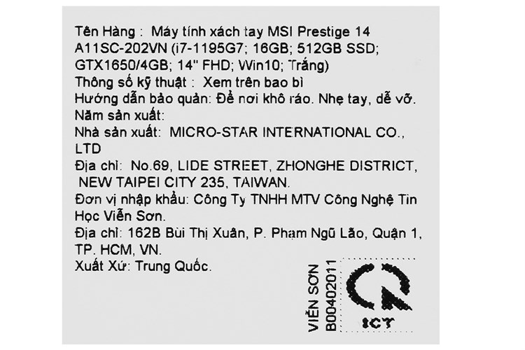 Laptop MSI Prestige 14 A11SC i7 1195G7/16GB/512GB/4GB GTX1650 Max-Q/Win10 (202VN) Màu Trắng