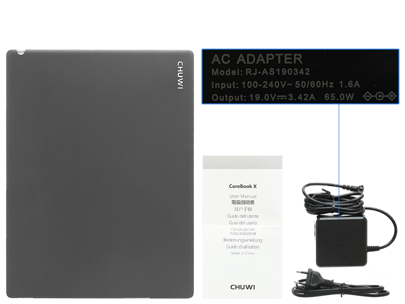 Bộ sản phẩm gồm: Dây nguồn, Sách hướng dẫn, Thùng máy, Adapter sạc Chuwi