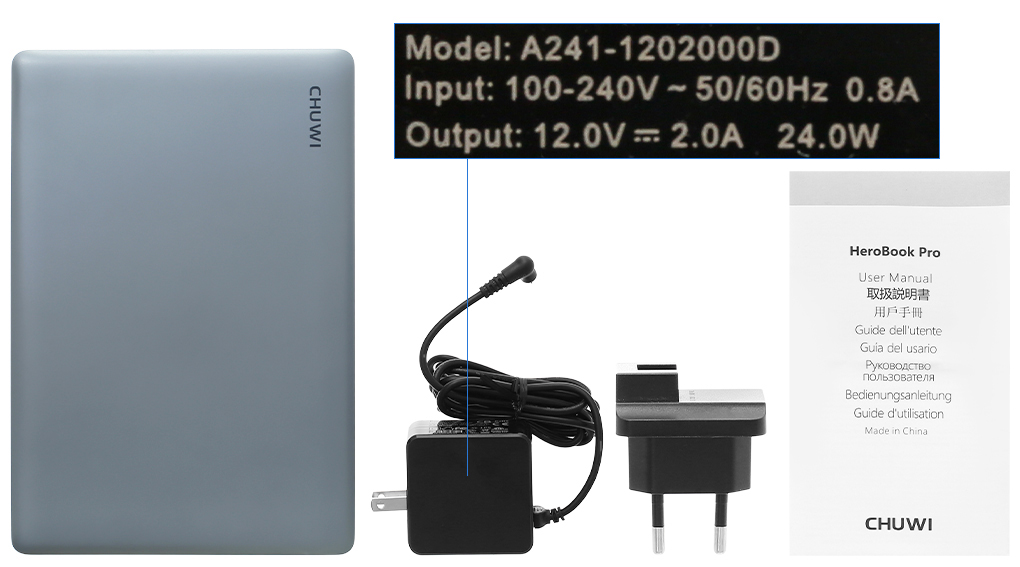 Bộ sản phẩm gồm: Dây nguồn, Sách hướng dẫn, Thùng máy, Adapter sạc Chuwi