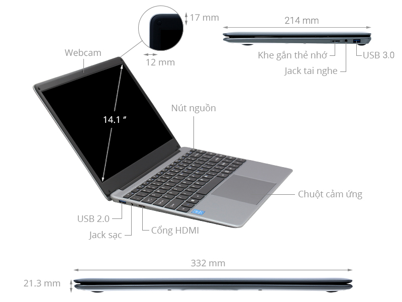 Laptop CHUWI HeroBook Pro N4020 - Chính hãng, trả góp