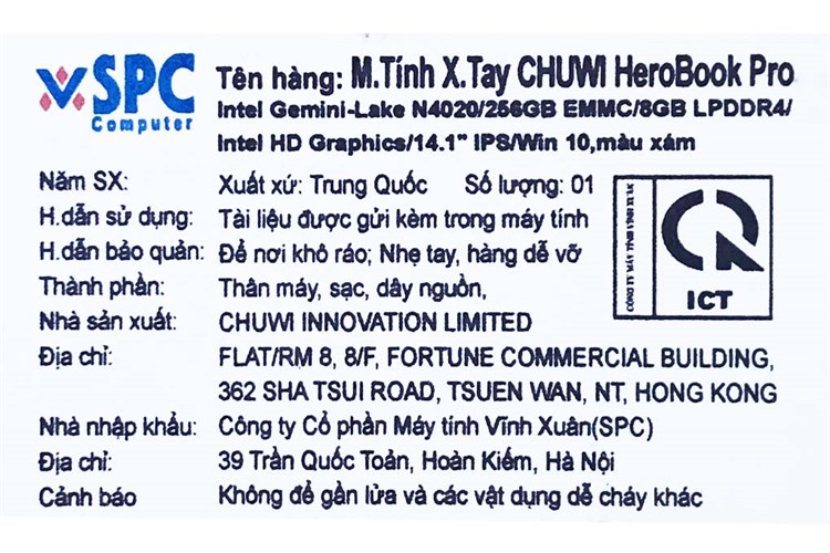 Laptop CHUWI HeroBook Pro N4020/8GB/256GB/Win10 Màu Xám