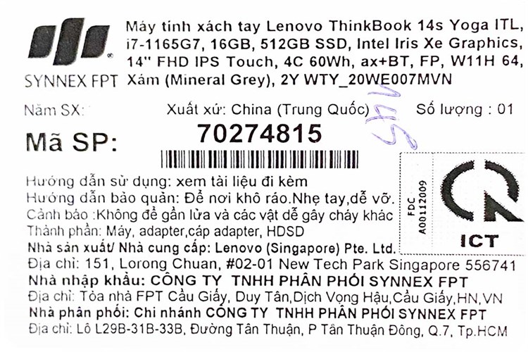 Laptop Lenovo ThinkBook 14s Yoga ITL i7 1165G7/16GB/512GB/Touch/Pen/Win11 (20WE007MVN) Màu Xám