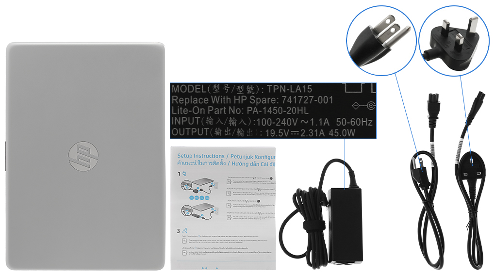 Bộ sản phẩm gồm: Dây nguồn ( 2 dây ) , Sách hướng dẫn, Thùng máy, Sạc Laptop HP