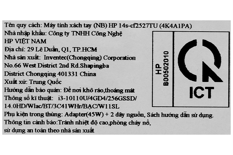 Laptop HP 14s cf2527TU i3 10110U/4GB/256GB/Win11 (4K4A1PA) Màu Bạc