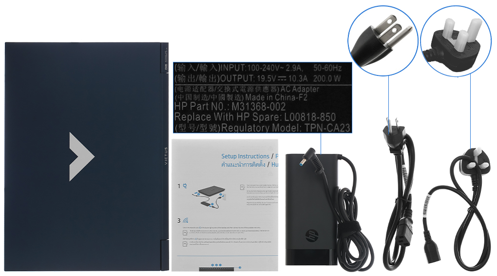 Bộ sản phẩm gồm: Dây nguồn ( 2 dây ) , Sách hướng dẫn, Thùng máy, Sạc Laptop HP