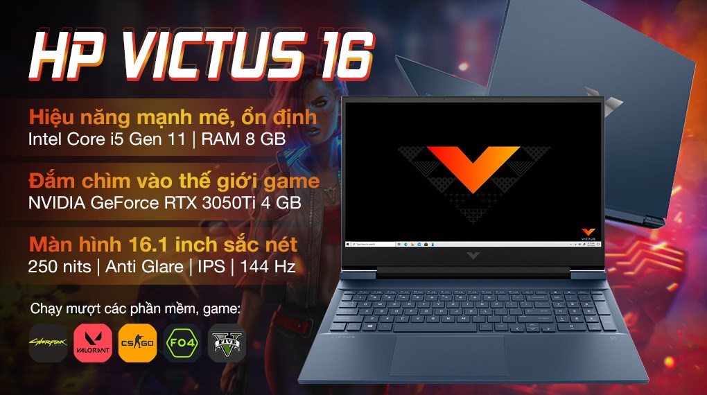 Laptop HP Gaming VICTUS 16 d0202TX i5 11400H/8GB/32GB+512GB/4GB RTX3050Ti/144Hz/Win11 (4R0U4PA)