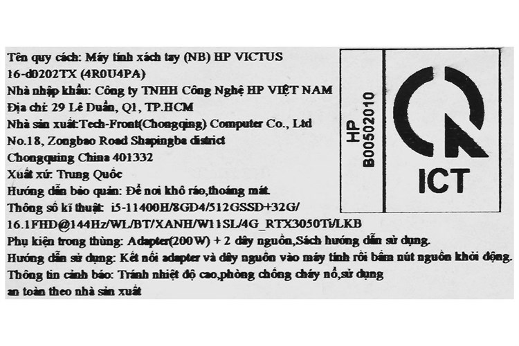 Laptop HP Gaming VICTUS 16 d0202TX i5 11400H/8GB/32GB+512GB/4GB RTX3050Ti/144Hz/Win11 (4R0U4PA) Màu Xanh