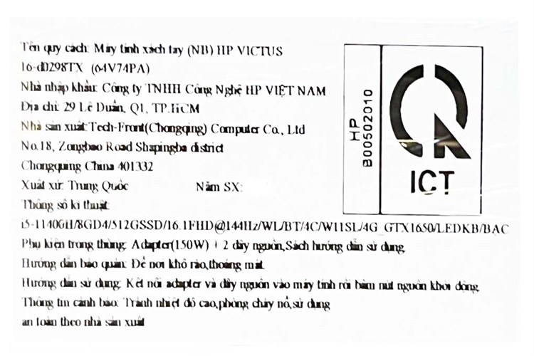 Laptop HP Gaming VICTUS 16 d0298TX i5 11400H/8GB/512GB/4GB GTX1650/144Hz/Win11 (64V74PA) Màu Đen - Bạc