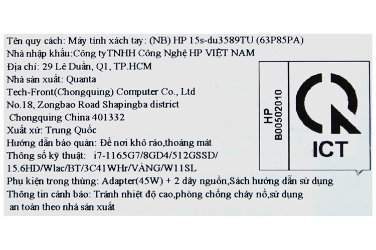 Laptop HP 15s du3589TU i7 1165G7/8GB/512GB/Win11 (63P85PA) Màu Vàng