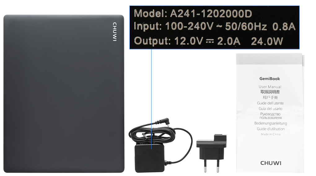 Bộ sản phẩm gồm: Dây nguồn, Sách hướng dẫn, Thùng máy, Adapter sạc Chuwi