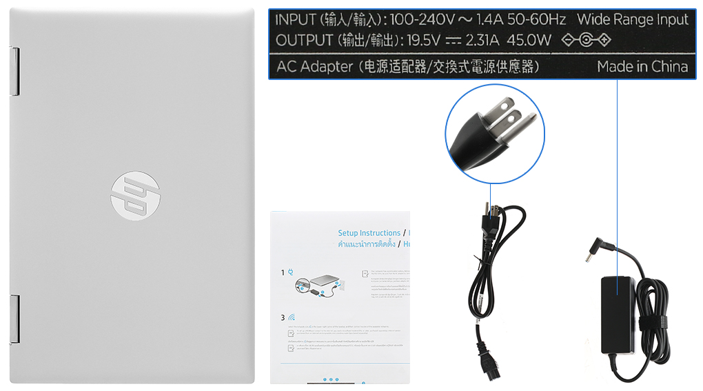 Bộ sản phẩm gồm: Dây nguồn ( 2 dây ), Sách hướng dẫn, Sạc Laptop HP, Thùng máy
