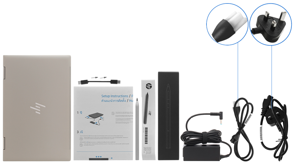 Bộ sản phẩm gồm: Dây nguồn ( 2 dây ), Sách hướng dẫn, Thùng máy, Sạc Laptop HP, Bút cảm ứng