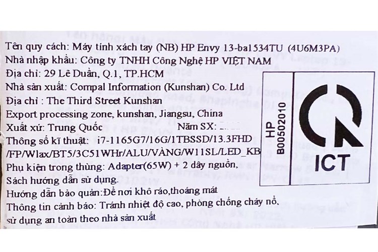 Laptop HP Envy 13 ba1534TU i7 1165G7/16GB/1TB/Win11 (4U6M3PA) Màu Vàng