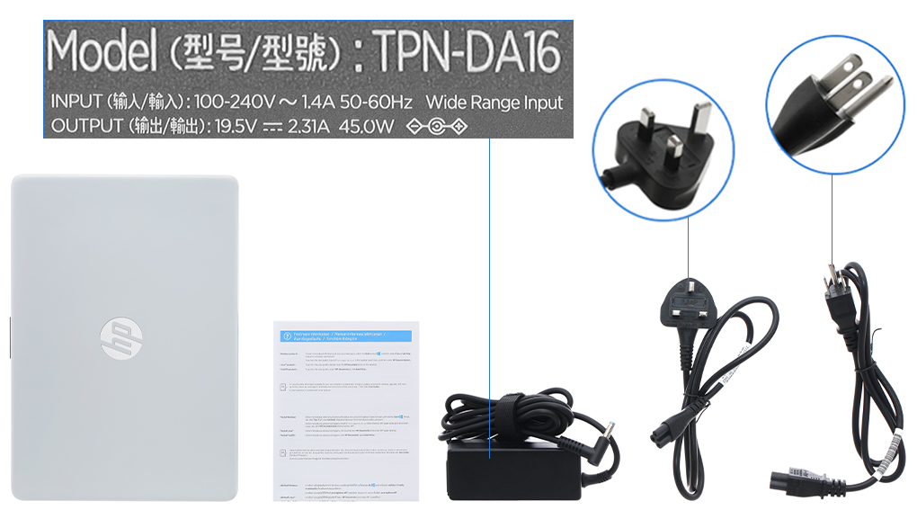 Bộ sản phẩm gồm: Dây nguồn ( 2 dây ) , Sách hướng dẫn, Thùng máy, Sạc Laptop HP