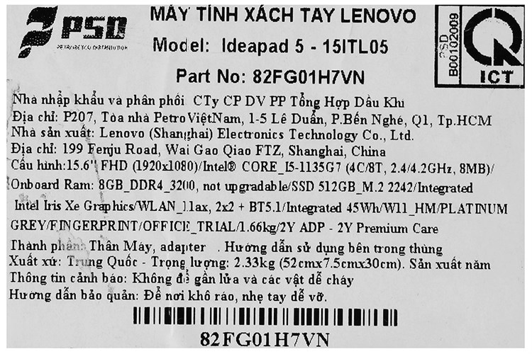 Laptop Lenovo Ideapad 5 15ITL05 i5 1135G7/8GB/512GB/Win11 (82FG01H7VN) Màu Xám