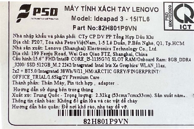 Laptop Lenovo Ideapad 3 15ITL6 i5 1135G7/8GB/512GB/Win11 (82H801P9VN) Màu Xám