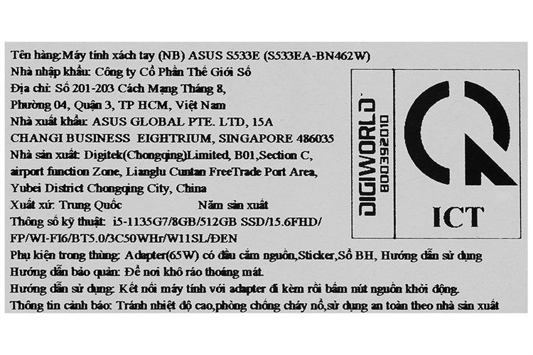 Laptop Asus VivoBook S533EA i5 1135G7/8GB/512GB/Win11 (BN462W) Màu Đen