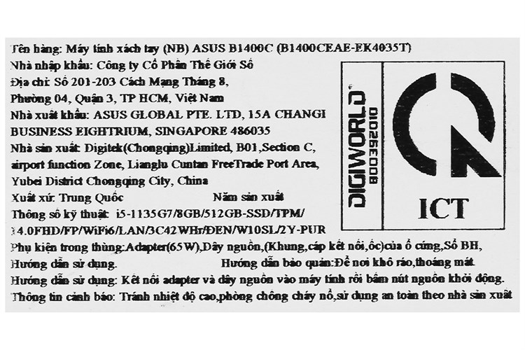 Laptop Asus ExpertBook B1400CEAE i5 1135G7/8GB/512GB/Win10 (EK4035T) Màu Đen