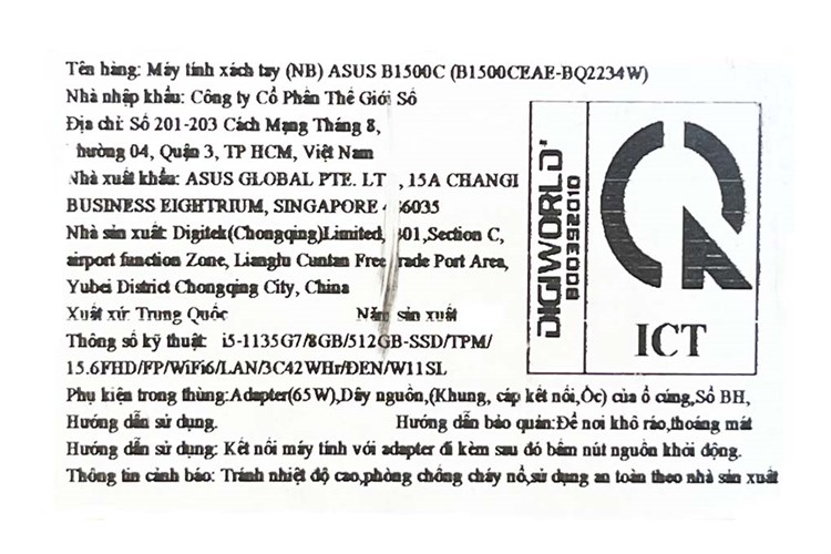 Laptop Asus ExpertBook B1500CEAE i5 1135G7/8GB/512GB/Win11 (BQ2234W) Màu Đen