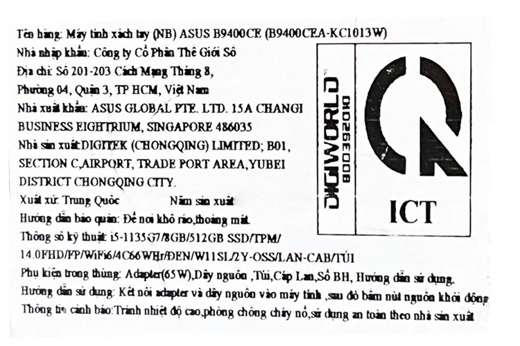 Laptop Asus ExpertBook B9400CEA i5 1135G7/8GB/512GB/Cáp/Túi/Win11 (KC1013W) Màu Đen