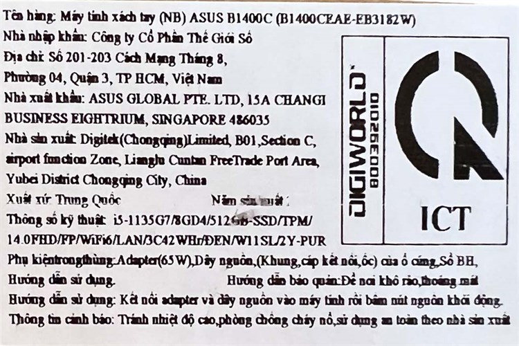 Laptop Asus ExpertBook B1400CEAE i5 1135G7/8GB/512GB/Win11 (EB3182W) Màu Đen