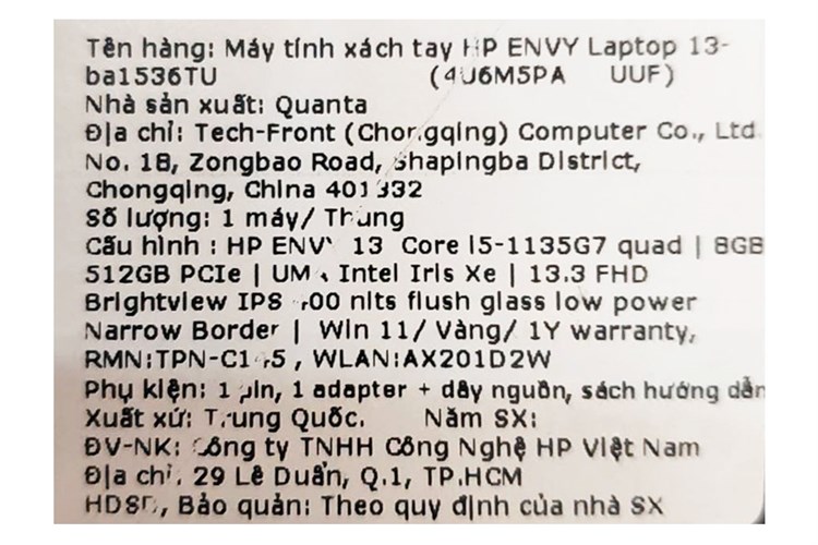 Laptop HP Envy 13 ba1536TU i5 1135G7/8GB/512GB/Win11 (4U6M5PA) Màu Vàng