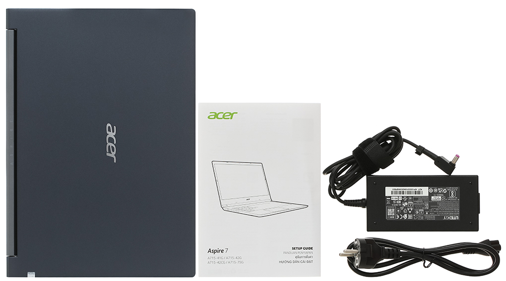 Bộ sản phẩm gồm: Dây nguồn, Sách hướng dẫn, Thùng máy, Sạc Laptop Acer
