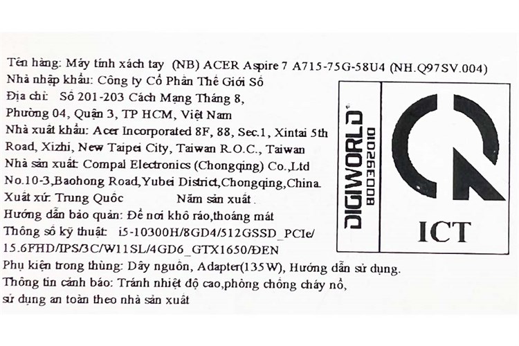 Laptop Acer Aspire 7 Gaming A715 75G 58U4 i5 10300H/8GB/512GB/4GB GTX1650/Win11 (NH.Q97SV.004) Màu Đen