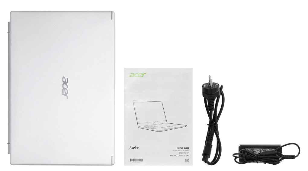 Bộ sản phẩm gồm: Dây nguồn, Sách hướng dẫn, Thùng máy, Sạc Laptop Acer