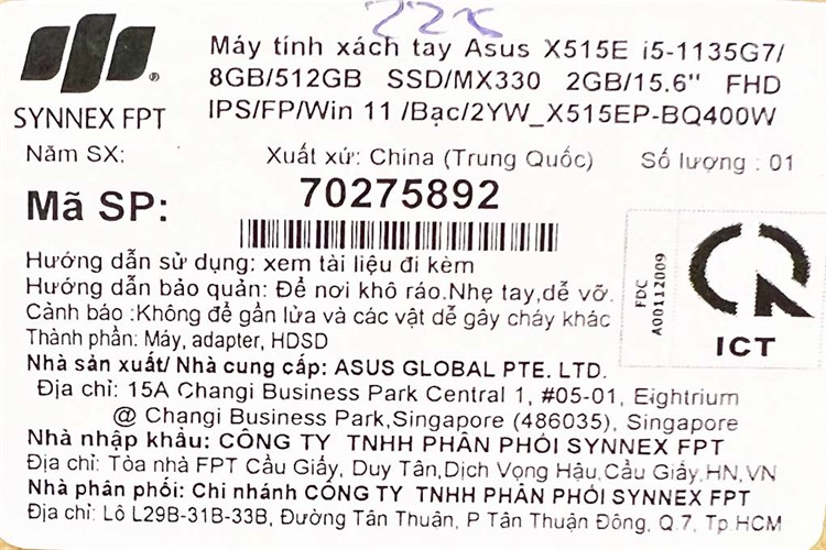 Laptop Asus VivoBook X515EP i5 1135G7/8GB/512GB/2GB MX330/Win11 (BQ400W) Màu Bạc
