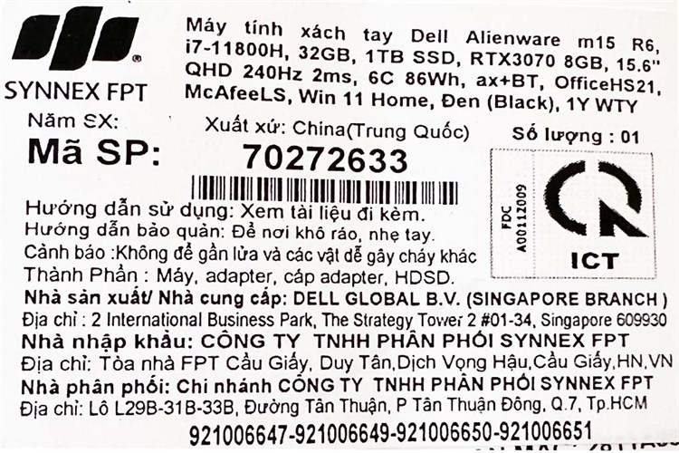 Laptop Dell Gaming Alienware m15 R6 i7 11800H/32GB/1TB SSD/8GB RTX3070/240Hz/OfficeHS/Win11 (70272633) Màu Đen