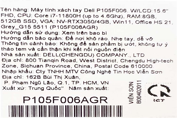 Laptop Dell Gaming G15 5511 i7 11800H/8GB/512GB/4GB RTX3050/120Hz/Office H&S/Win11 (P105F006AGR) Màu Xám