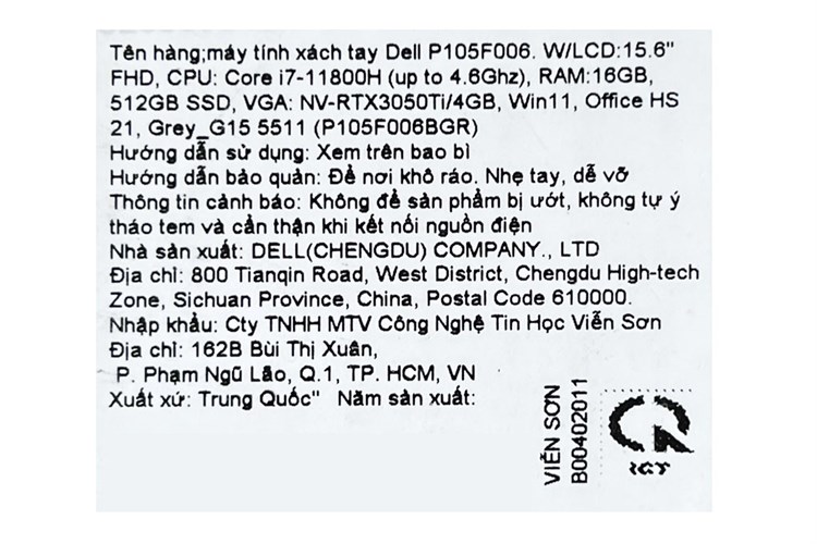 Laptop Dell Gaming G15 5511 i7 11800H/16GB/512GB/4GB RTX3050Ti/120Hz/Office H&S/Win11 (P105F006BGR) Màu Xám