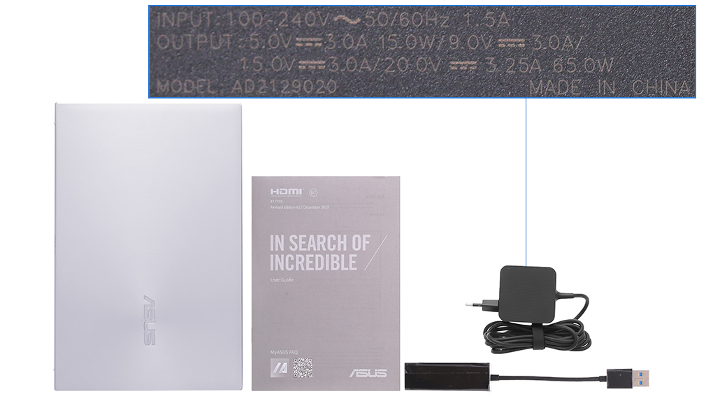 Bộ sản phẩm gồm: Sách hướng dẫn, Bao da, Thùng máy, Cáp ( USB to LAN ) , Sạc Laptop Asus