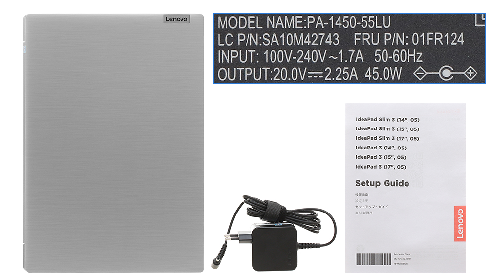 Bộ sản phẩm gồm: Dây nguồn, Sách hướng dẫn, Thùng máy, Sạc Laptop Lenovo