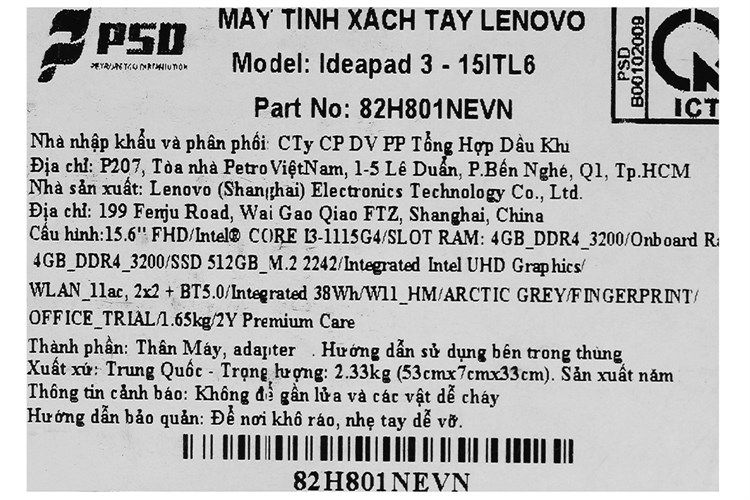 Laptop Lenovo Ideapad 3 15ITL6 i3 1115G4/8GB/512GB/Win11 (82H801NEVN) Màu Xám