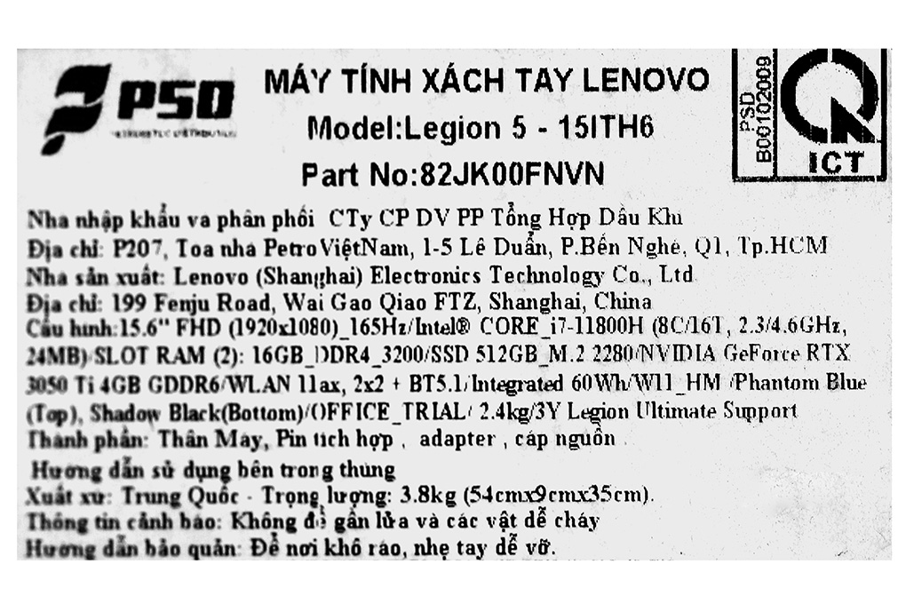 Bán laptop Lenovo Gaming Legion 5 15ITH6 i7 11800H/16GB/512GB/4GB RTX3050Ti/165Hz/Win11 (82JK00FNVN)