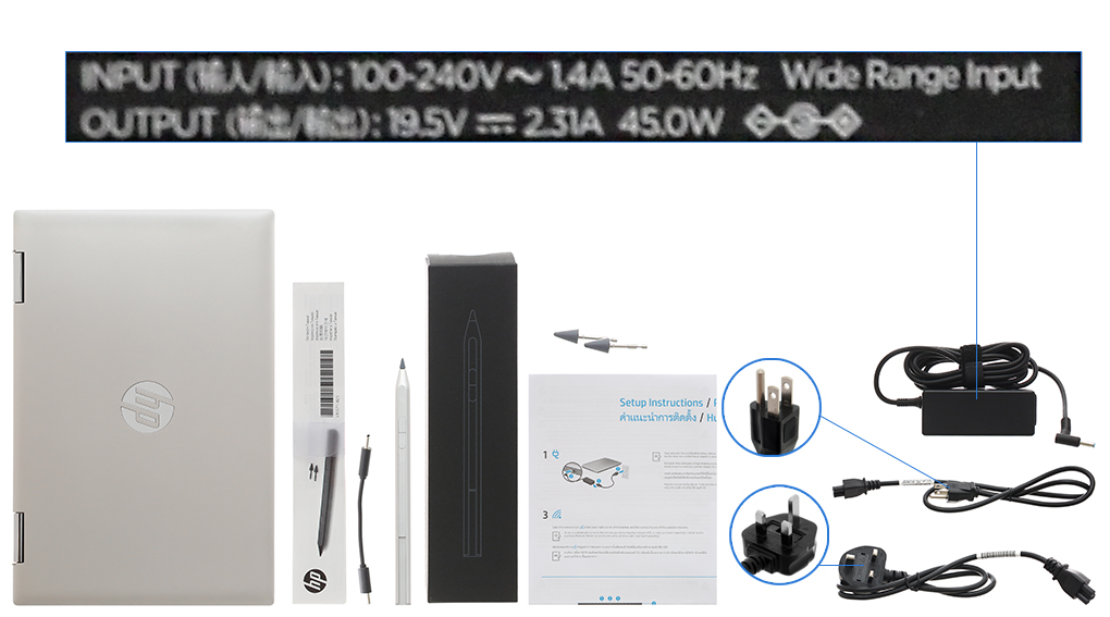 Bộ sản phẩm gồm: Dây nguồn ( 2 dây ), Sách hướng dẫn, Thùng máy, Sạc Laptop HP, Bút cảm ứng