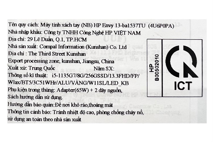 Laptop HP Envy 13 ba1537TU i5 1135G7/8GB/256GB/Win11 (4U6P0PA) Màu Vàng