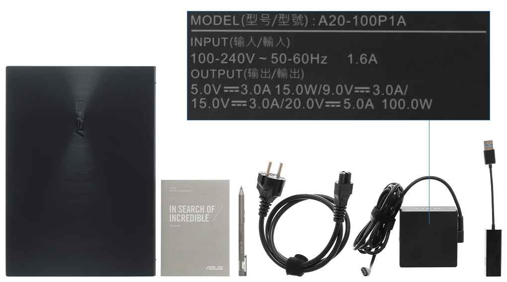 Bộ sản phẩm gồm: Sách hướng dẫn, Bao da, Bút cảm ứng, Adapter chuyển ( USB to LAN ) , Sạc Laptop Asus