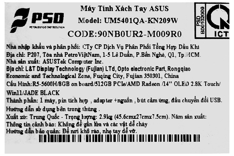 Laptop Asus ZenBook 14X OLED UM5401QA R5 5600H/8GB/512GB/90Hz/Touch/Pen/Cáp/Túi/Win11 (KN209W) Màu Đen