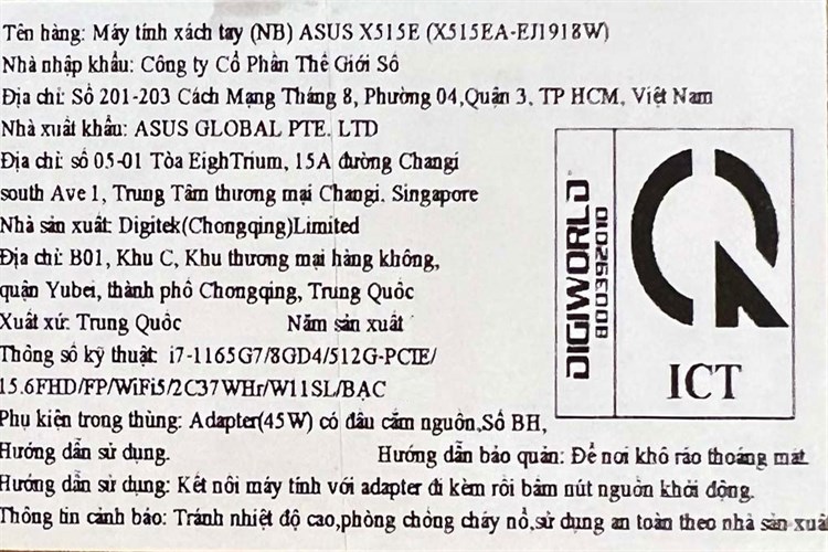 Laptop Asus VivoBook X515EA i7 1165G7/8GB/512GB/Win11 (EJ1918W) Màu Bạc