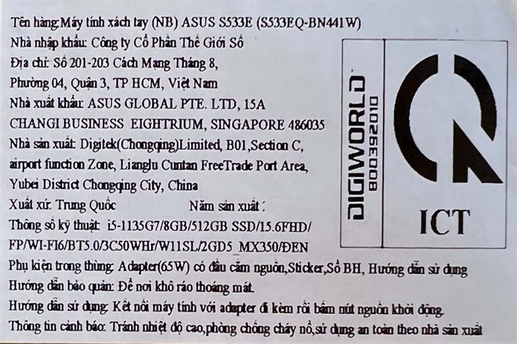 Laptop Asus VivoBook S533EQ i5 1135G7/8GB/512GB/2GB MX350/Win11 (BN441W) Màu Đen