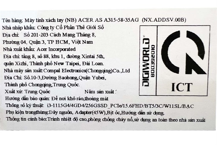 Laptop Acer Aspire 3 A315 58 35AG i3 1115G4/4GB/256GB/Win11 (NX.ADDSV.00B) Màu Bạc