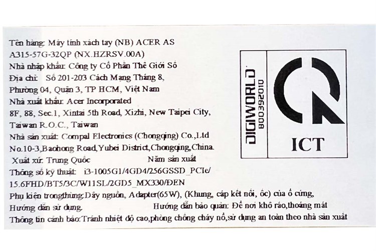 Laptop Acer Aspire 3 A315 57G 32QP i3 1005G1/4GB/256GB/2GB MX330/Win11 (NX.HZRSV.00A) Màu Đen