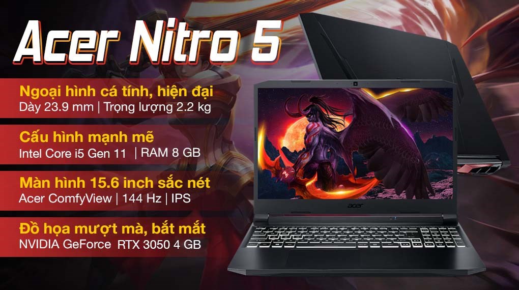 Laptop Acer Nitro 5 Gaming AN515 57 553E i5: Được trang bị cấu hình mạnh mẽ, laptop Acer Nitro 5 Gaming AN515 57 553E i5 đang là lựa chọn số 1 cho những ai đam mê game và công việc đòi hỏi hiệu năng cao. Xem ngay hình ảnh liên quan để trải nghiệm sản phẩm này!
